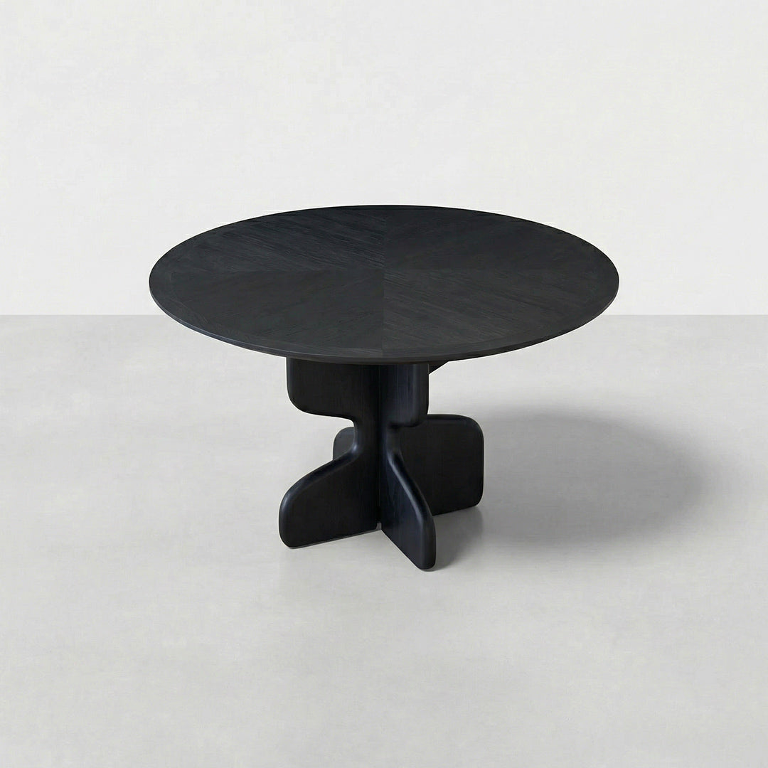 Baroque French Retro Round Dining Table, Fan-Shaped Wood Inlay Solid Wood Black Table, Designer Style for Small Space Kitchen Living Room