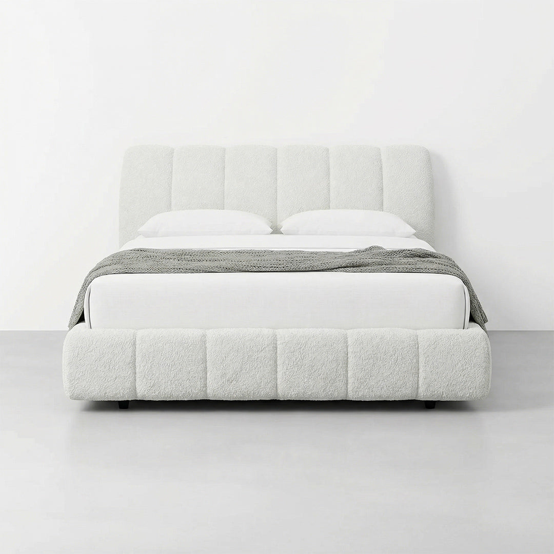 Modern Minimalist Cream Shell Upholstered Bed, Waterproof Chenille Fabric Soft Headboard Bed, Sturdy Solid Wood Slats Noise-Free Double Bed