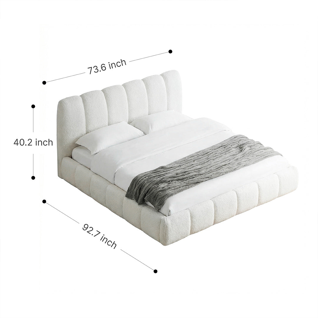 Modern Minimalist Cream Shell Upholstered Bed, Waterproof Chenille Fabric Soft Headboard Bed, Sturdy Solid Wood Slats Noise-Free Double Bed
