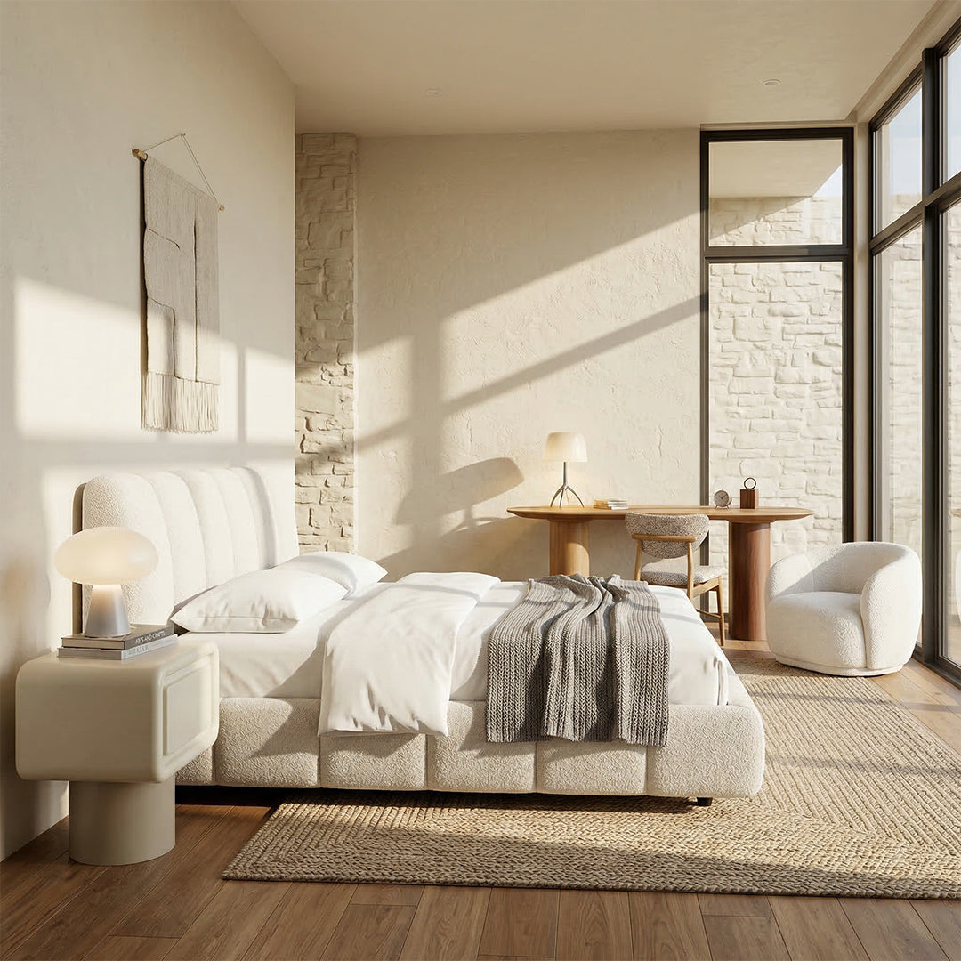 Modern Minimalist Cream Shell Upholstered Bed, Waterproof Chenille Fabric Soft Headboard Bed, Sturdy Solid Wood Slats Noise-Free Double Bed