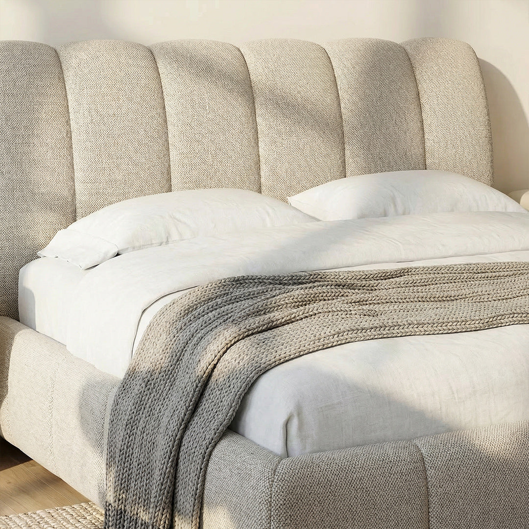 Modern Minimalist Cream Shell Upholstered Bed, Waterproof Chenille Fabric Soft Headboard Bed, Sturdy Solid Wood Slats Noise-Free Double Bed
