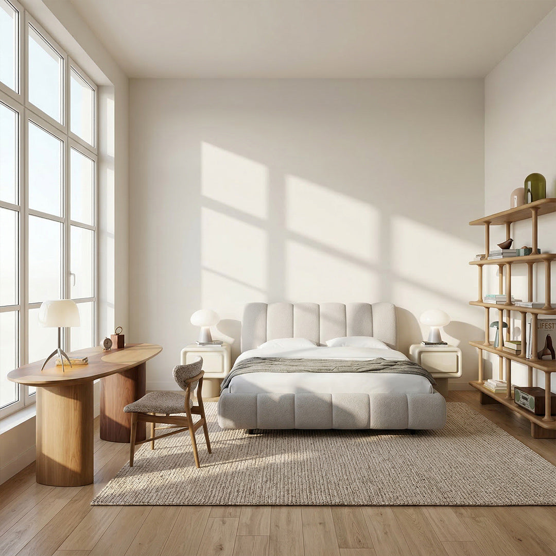 Modern Minimalist Cream Shell Upholstered Bed, Waterproof Chenille Fabric Soft Headboard Bed, Sturdy Solid Wood Slats Noise-Free Double Bed