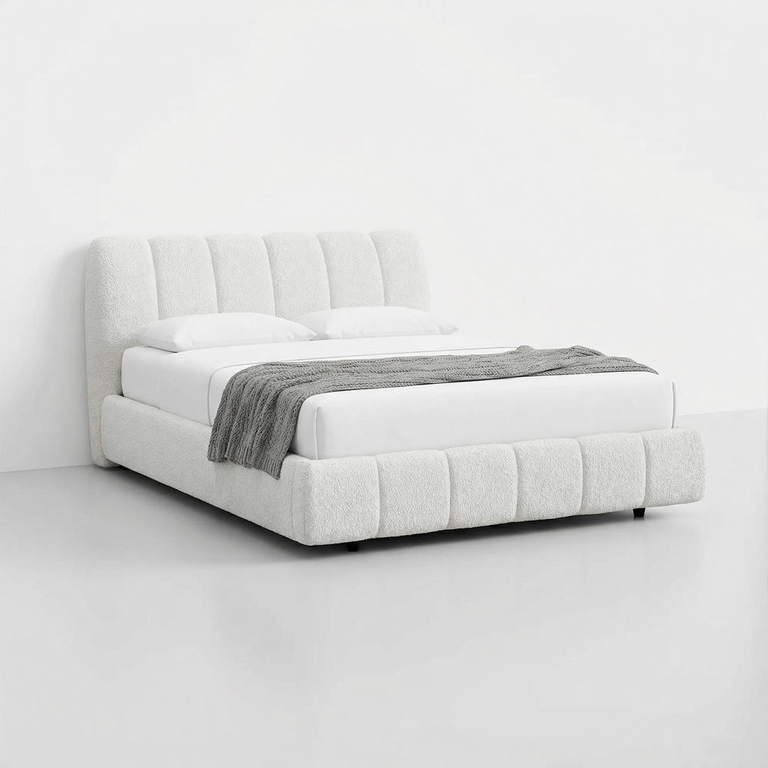 Modern Minimalist Cream Shell Upholstered Bed, Waterproof Chenille Fabric Soft Headboard Bed, Sturdy Solid Wood Slats Noise-Free Double Bed