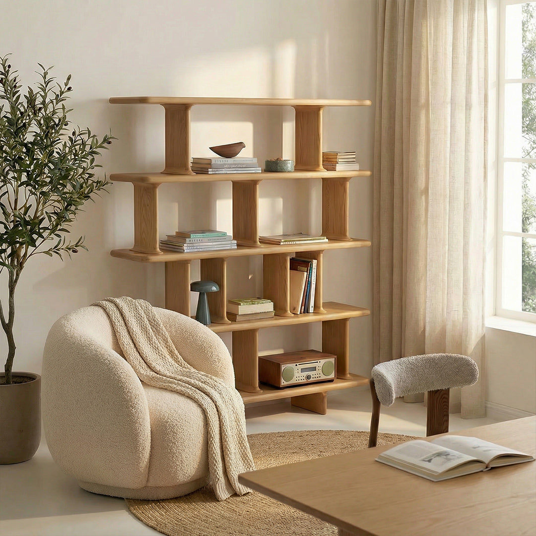 French Retro Solid Ash Wood Bookshelf, Wall-Leaning Floor Open Storage Shelf, Designer Display Rack for Living Room