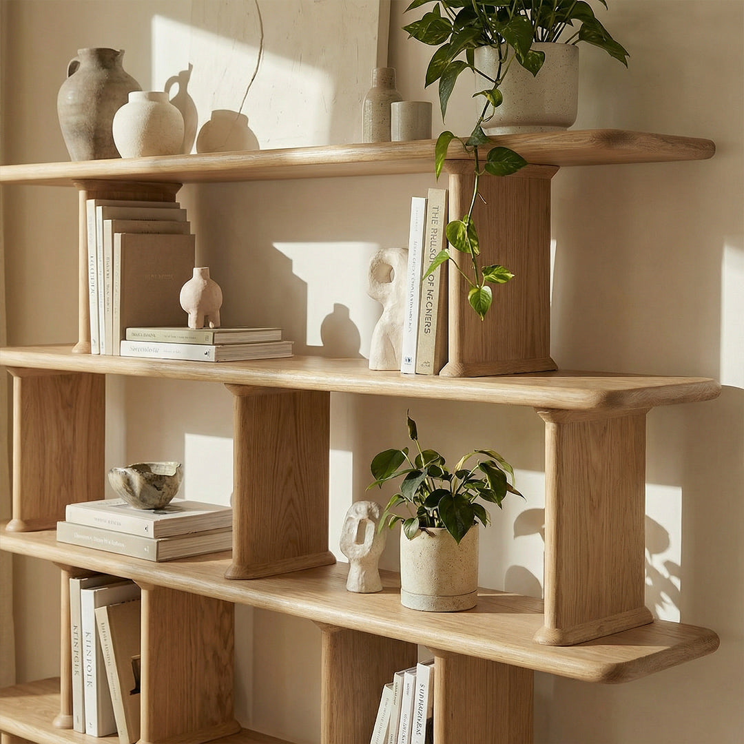 French Retro Solid Ash Wood Bookshelf, Wall-Leaning Floor Open Storage Shelf, Designer Display Rack for Living Room