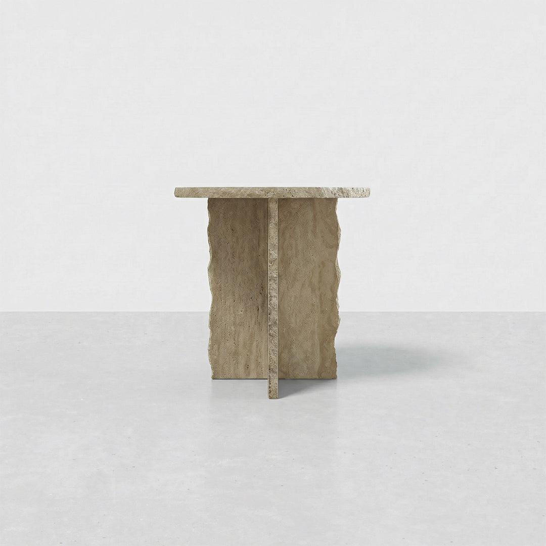 Modern Round Travertine Side Table, Ivory Natural Stone End Table, Minimalist Luxury Accent Furniture for Living Room Bedroom Small Spaces