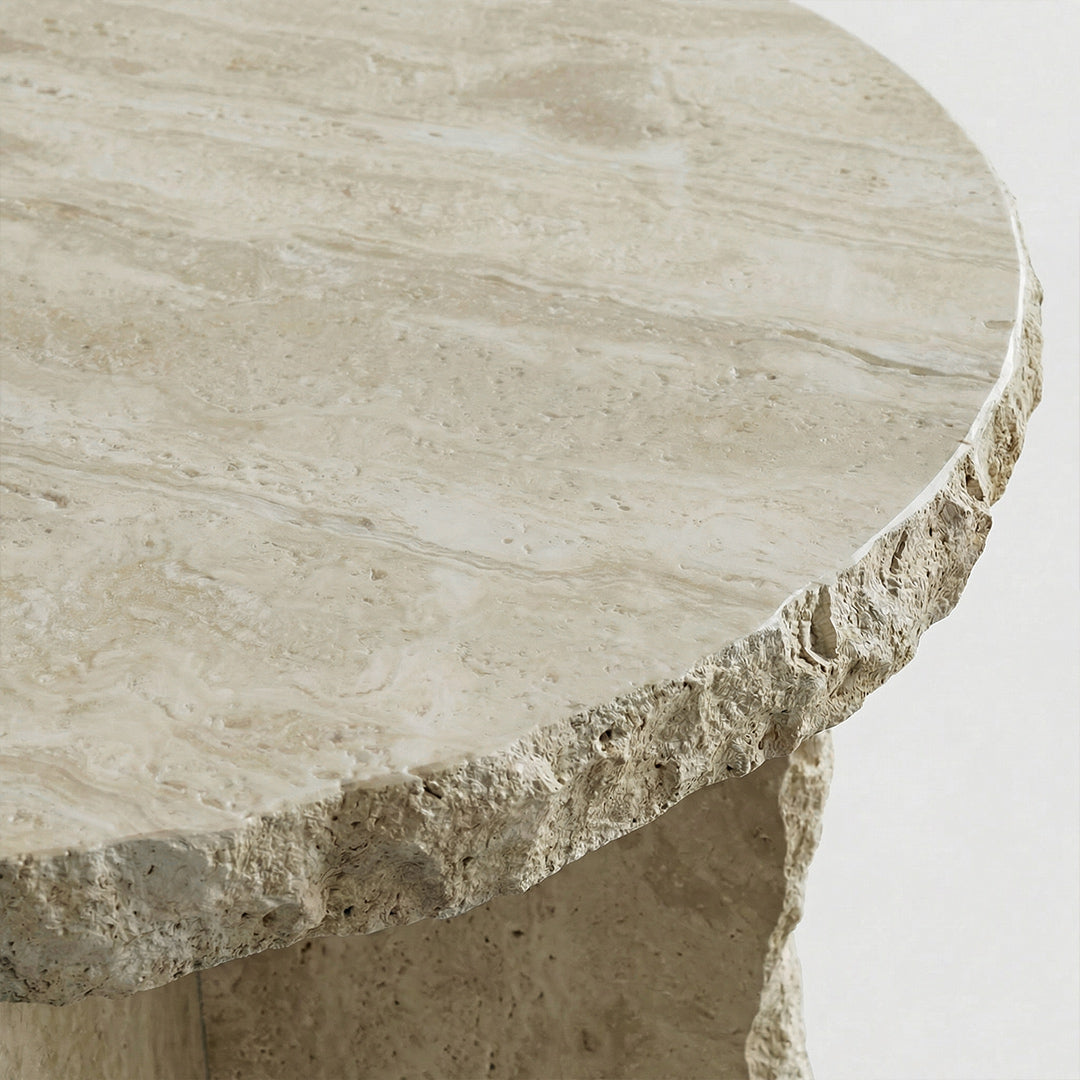 Modern Round Travertine Side Table, Ivory Natural Stone End Table, Minimalist Luxury Accent Furniture for Living Room Bedroom Small Spaces