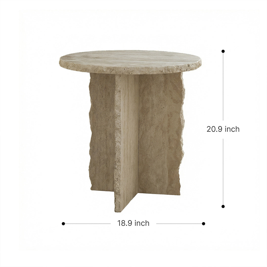 Modern Round Travertine Side Table, Ivory Natural Stone End Table, Minimalist Luxury Accent Furniture for Living Room Bedroom Small Spaces