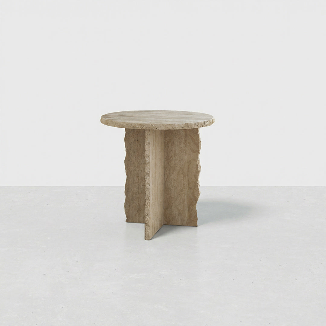 Modern Round Travertine Side Table, Ivory Natural Stone End Table, Minimalist Luxury Accent Furniture for Living Room Bedroom Small Spaces