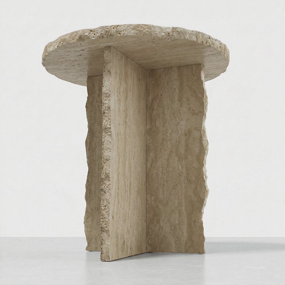 Modern Round Travertine Side Table, Ivory Natural Stone End Table, Minimalist Luxury Accent Furniture for Living Room Bedroom Small Spaces