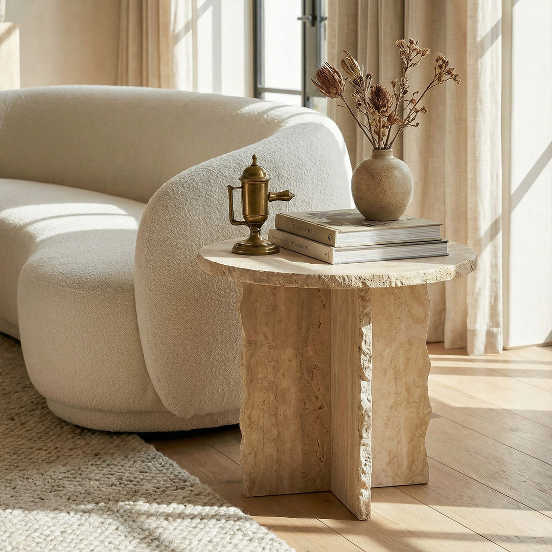 Modern Round Travertine Side Table, Ivory Natural Stone End Table, Minimalist Luxury Accent Furniture for Living Room Bedroom Small Spaces