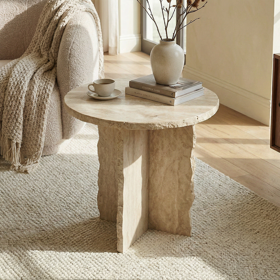 Modern Round Travertine Side Table, Ivory Natural Stone End Table, Minimalist Luxury Accent Furniture for Living Room Bedroom Small Spaces