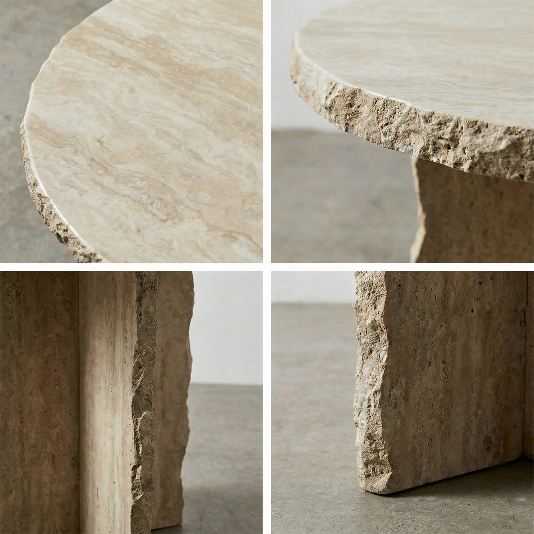 Modern Round Travertine Side Table, Ivory Natural Stone End Table, Minimalist Luxury Accent Furniture for Living Room Bedroom Small Spaces