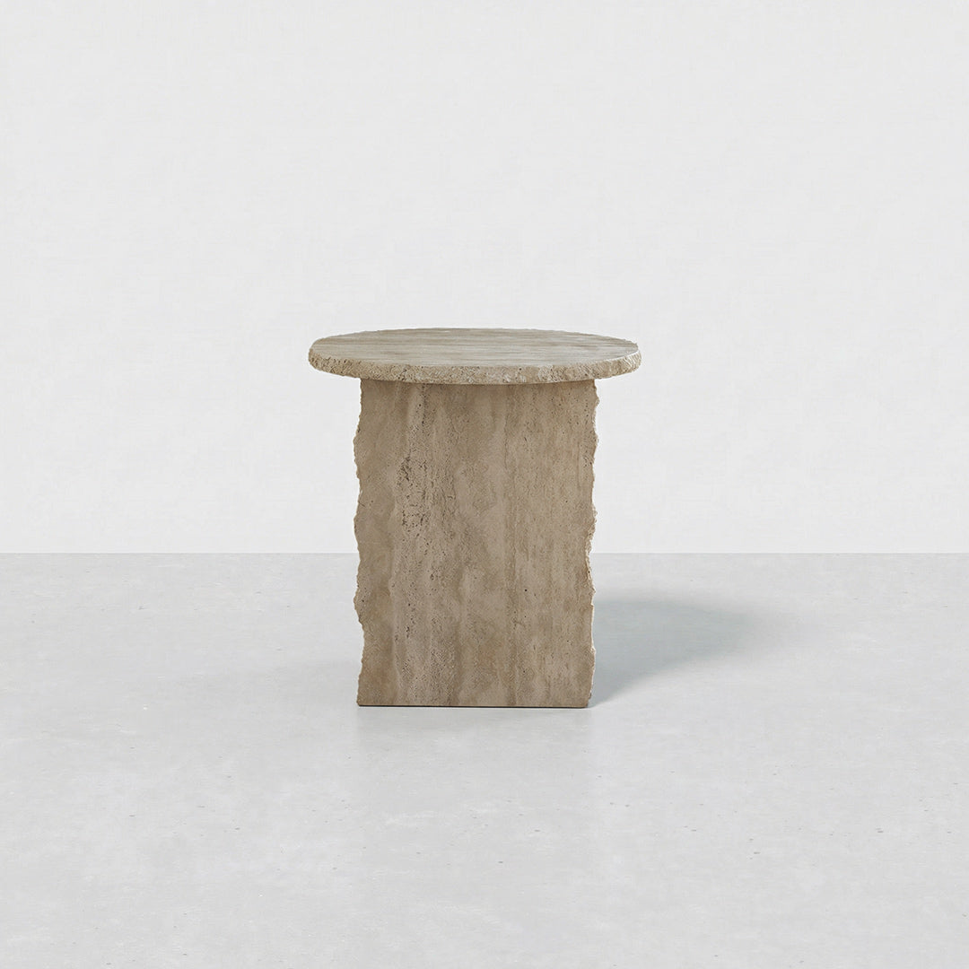 Modern Round Travertine Side Table, Ivory Natural Stone End Table, Minimalist Luxury Accent Furniture for Living Room Bedroom Small Spaces