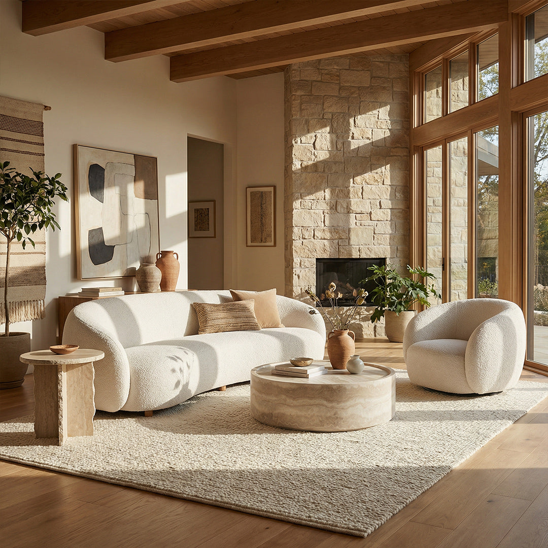 Fluffy Lamb Fleece Accent Chair with Solid Wood Frame, High Rebound Foam Cushion, Curved Round Design for Living Room Bedroom