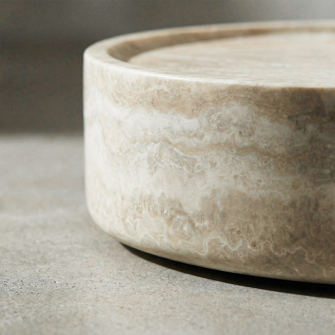 French Wabi-Sabi Round Coffee Table, Travertine Texture Finish, One-Piece FRP Construction, Recessed Design, Modern Accent Table for Living Room, Small Space & Home Décor