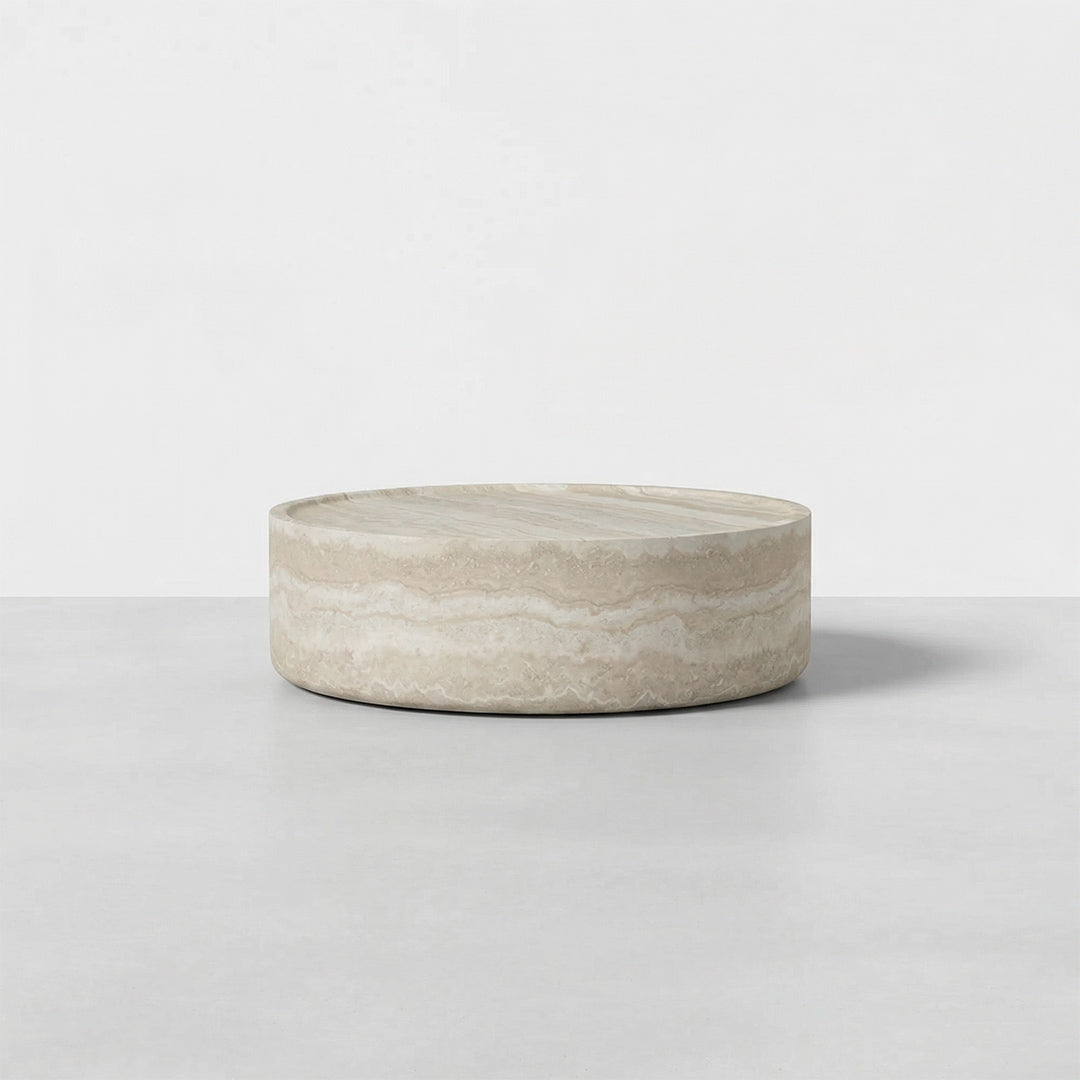 French Wabi-Sabi Round Coffee Table, Travertine Texture Finish, One-Piece FRP Construction, Recessed Design, Modern Accent Table for Living Room, Small Space & Home Décor