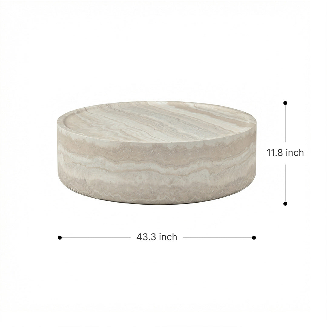 French Wabi-Sabi Round Coffee Table, Travertine Texture Finish, One-Piece FRP Construction, Recessed Design, Modern Accent Table for Living Room, Small Space & Home Décor