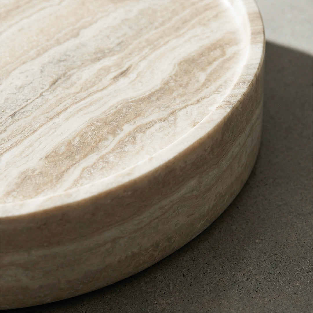 French Wabi-Sabi Round Coffee Table, Travertine Texture Finish, One-Piece FRP Construction, Recessed Design, Modern Accent Table for Living Room, Small Space & Home Décor