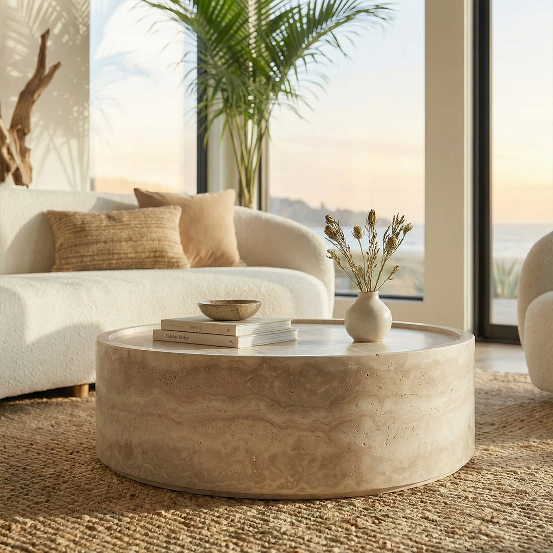 French Wabi-Sabi Round Coffee Table, Travertine Texture Finish, One-Piece FRP Construction, Recessed Design, Modern Accent Table for Living Room, Small Space & Home Décor