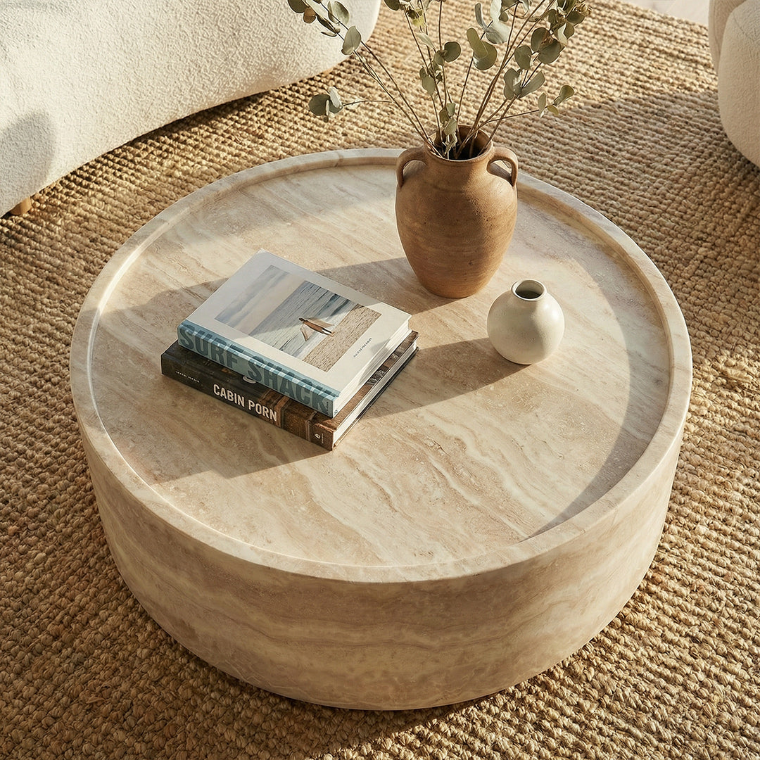 French Wabi-Sabi Round Coffee Table, Travertine Texture Finish, One-Piece FRP Construction, Recessed Design, Modern Accent Table for Living Room, Small Space & Home Décor