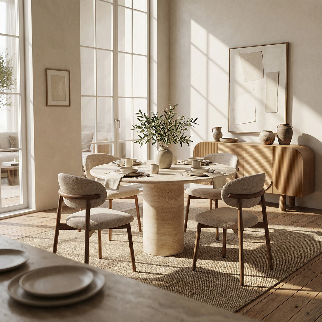 Luxury Round Travertine Dining Table, Natural Roman Travertine Top with Anti-Penetration Treatment, Wabi-Sabi Style for Dining Room