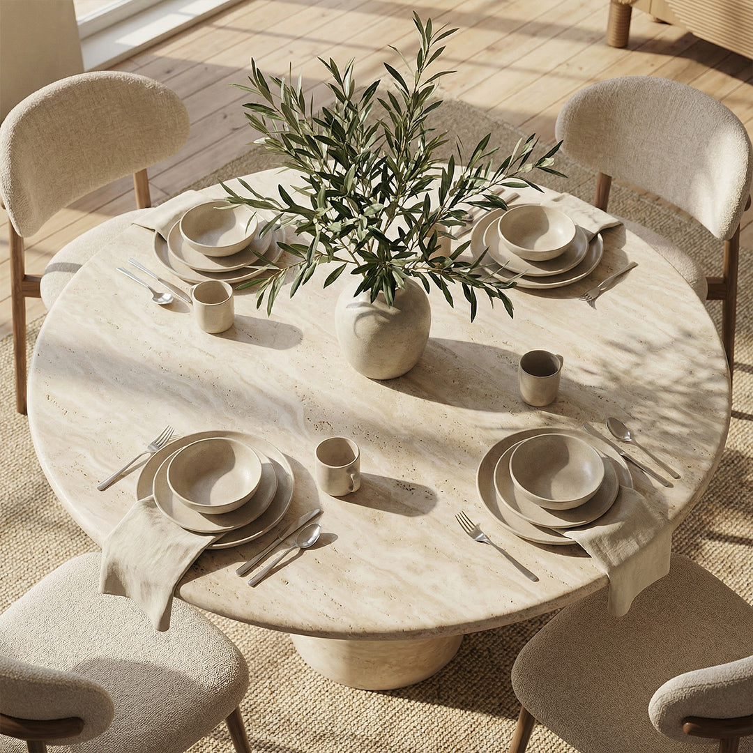 Luxury Round Travertine Dining Table, Natural Roman Travertine Top with Anti-Penetration Treatment, Wabi-Sabi Style for Dining Room