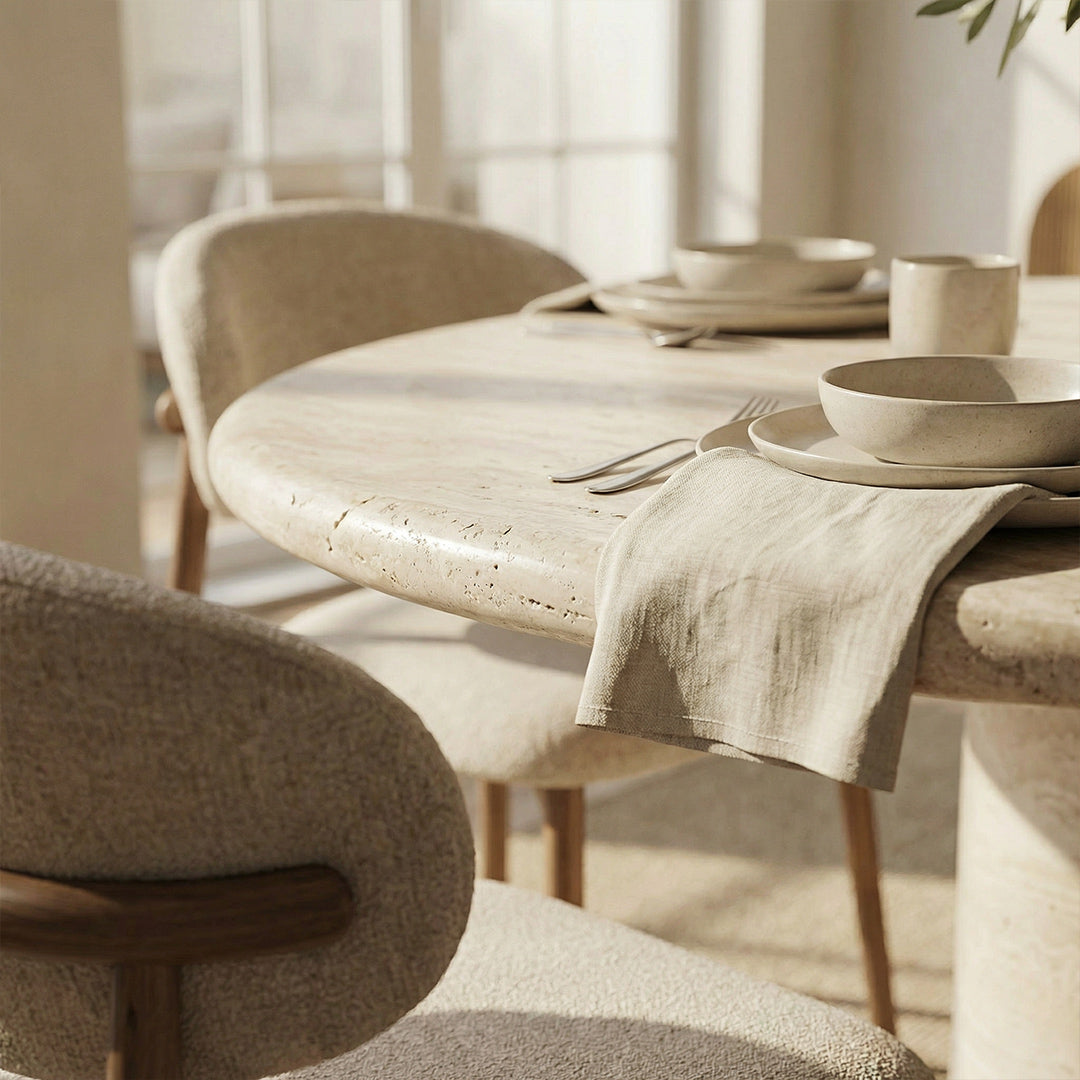 Luxury Round Travertine Dining Table, Natural Roman Travertine Top with Anti-Penetration Treatment, Wabi-Sabi Style for Dining Room