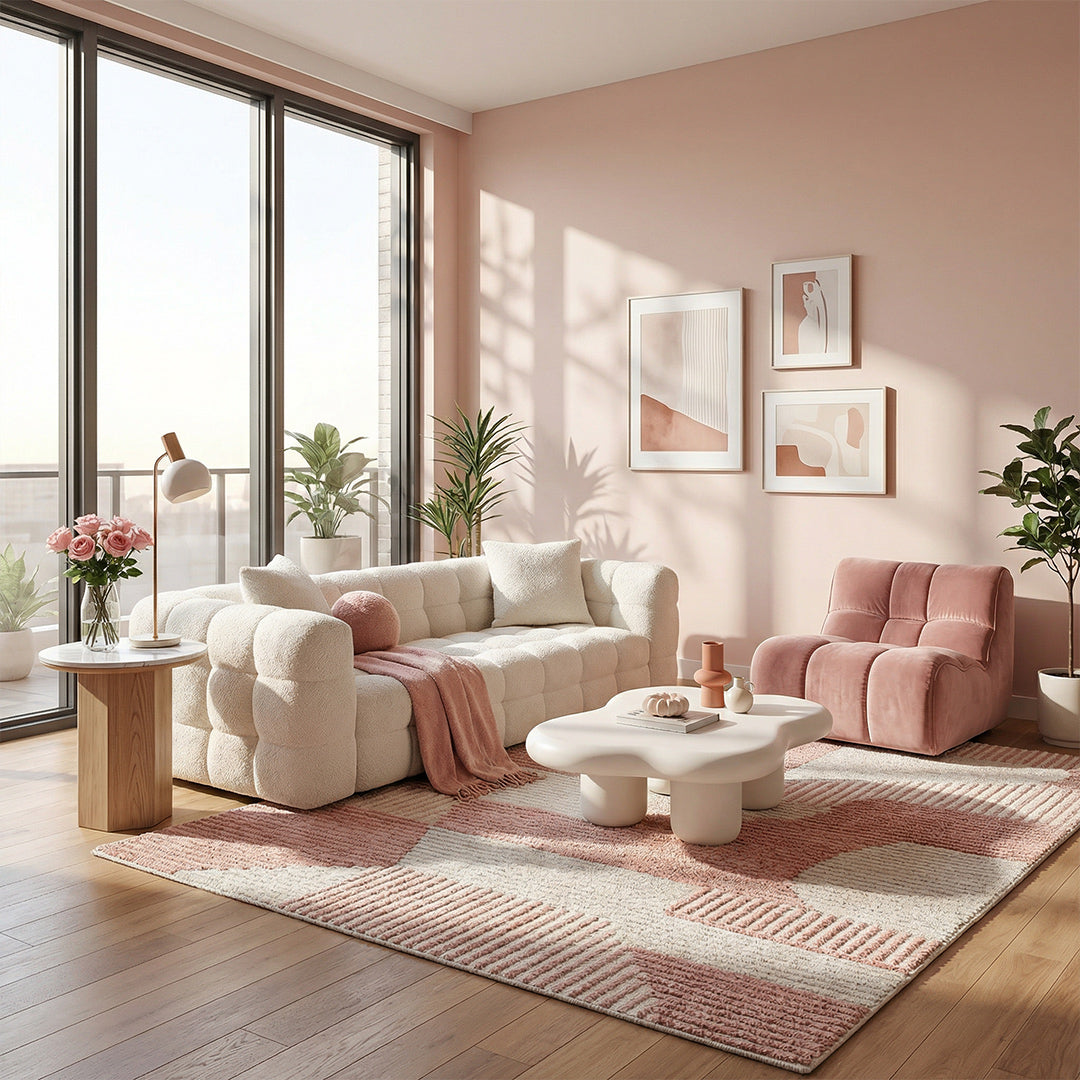 Vintage Retro Marshmallow Sofa, Skin-Friendly Lamb Fleece Fabric, 65cm Deep Seat Sofa for Living Room