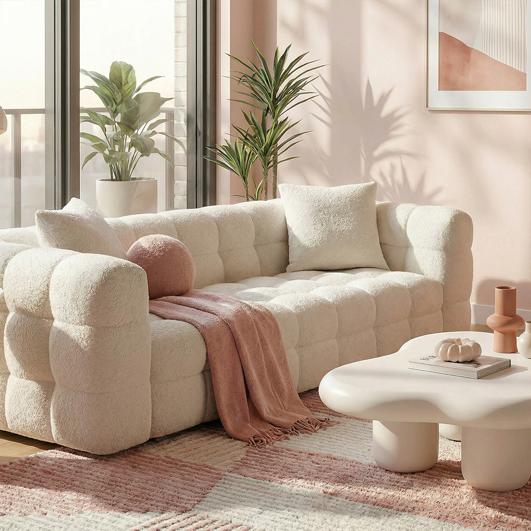 Vintage Retro Marshmallow Sofa, Skin-Friendly Lamb Fleece Fabric, 65cm Deep Seat Sofa for Living Room