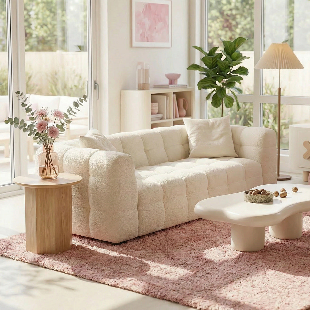 Vintage Retro Marshmallow Sofa, Skin-Friendly Lamb Fleece Fabric, 65cm Deep Seat Sofa for Living Room