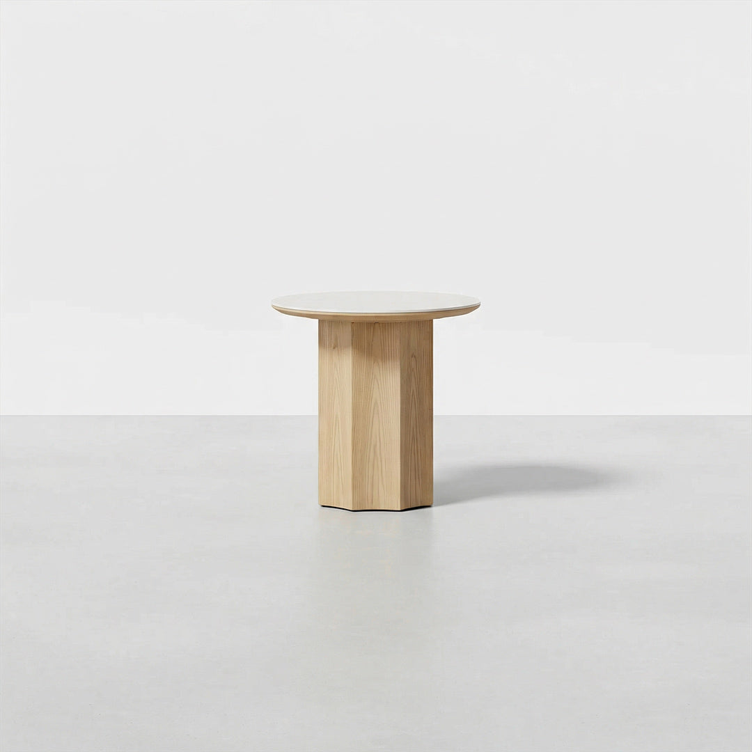Modern Sculptural Travertine End Table, White Oak Base Round Accent Table for Living Room