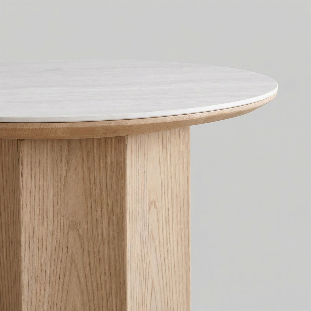 Modern Sculptural Travertine End Table, White Oak Base Round Accent Table for Living Room