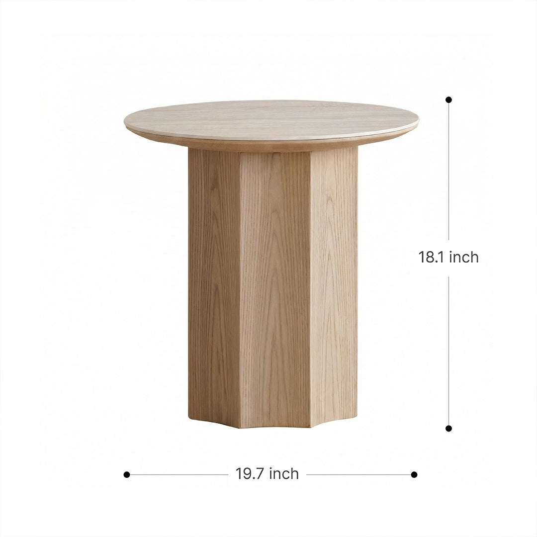Modern Sculptural Travertine End Table, White Oak Base Round Accent Table for Living Room
