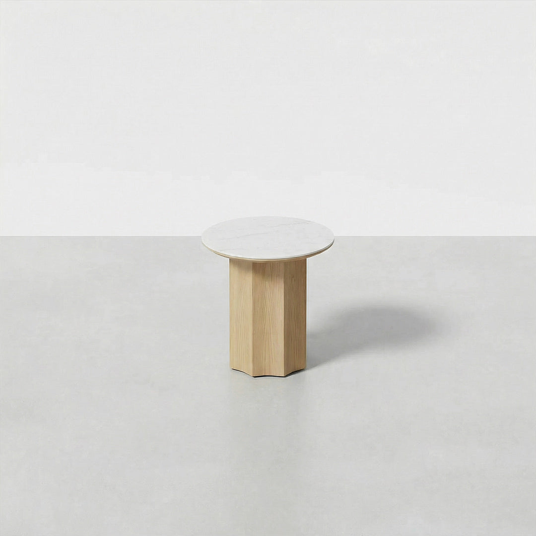 Modern Sculptural Travertine End Table, White Oak Base Round Accent Table for Living Room