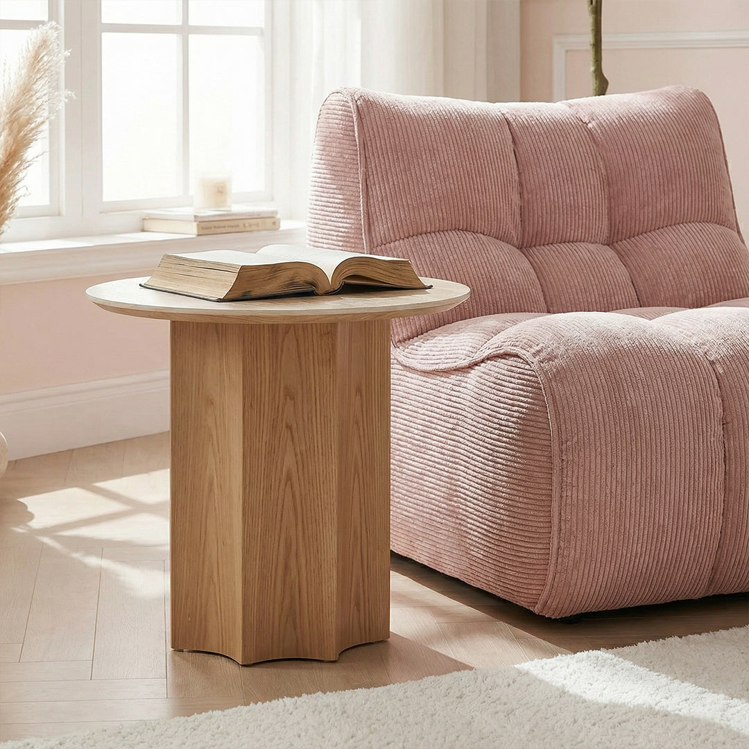 Modern Sculptural Travertine End Table, White Oak Base Round Accent Table for Living Room
