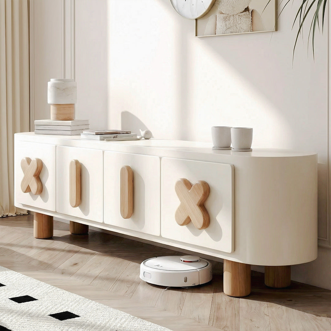 Cream Style TV Stand and Coffee Table Set, ENF-Class Solid Wood with Sintered Stone Top, Modern Minimalist Living Room Furniture