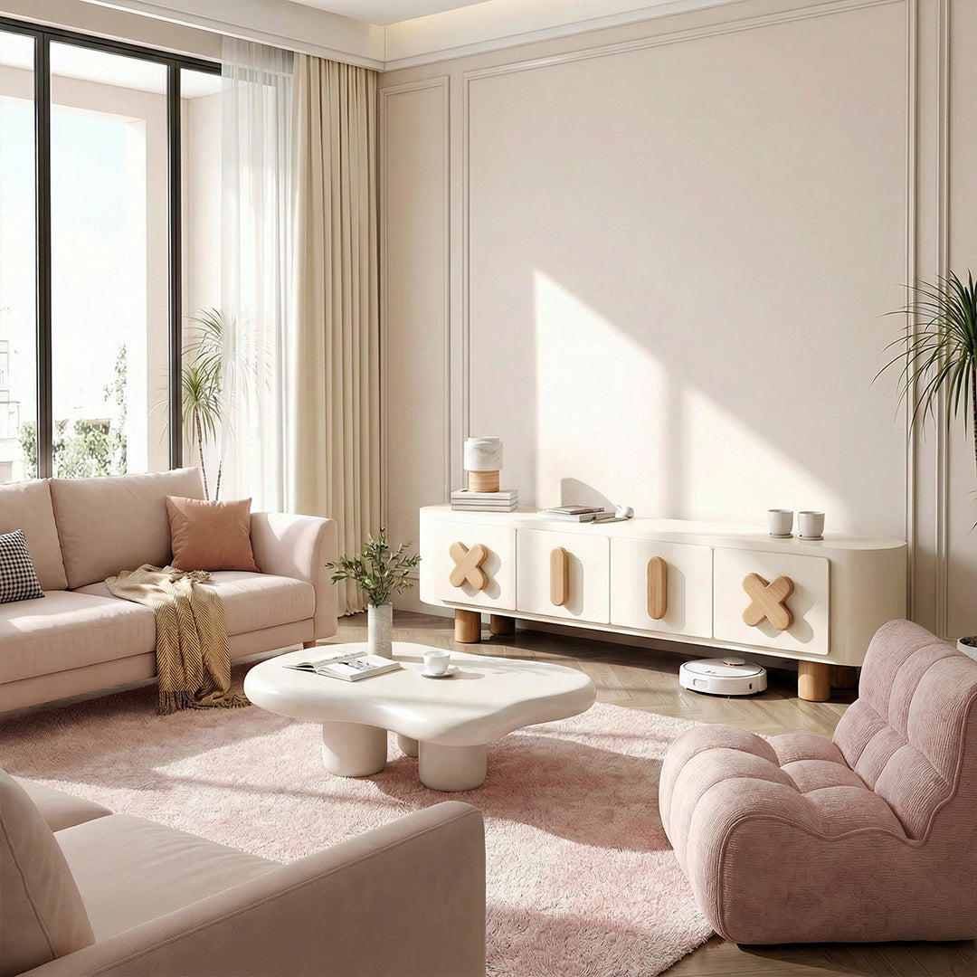 Cream Style TV Stand and Coffee Table Set, ENF-Class Solid Wood with Sintered Stone Top, Modern Minimalist Living Room Furniture