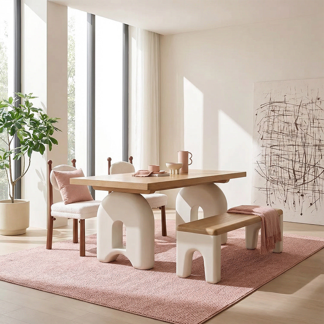 French Cream Style Dining Table, North American White Oak Veneer Kitchen Table with Eco-Friendly Open Paint, SGS Certified Solid Wood Frame for Small Space