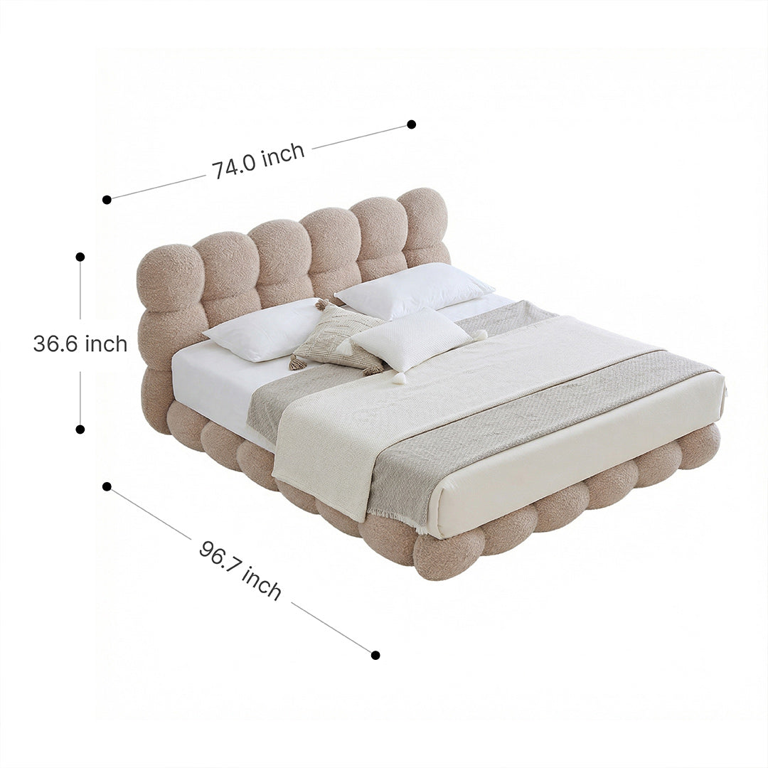 Upholstered Platform Bed Frame with 3D Stereo Cloud Velvet Fabric, Hand Tufted Design, 4-Layer Support System, Edge-to-Edge Space-Saving Modern Bed for Bedroom, Cream Style