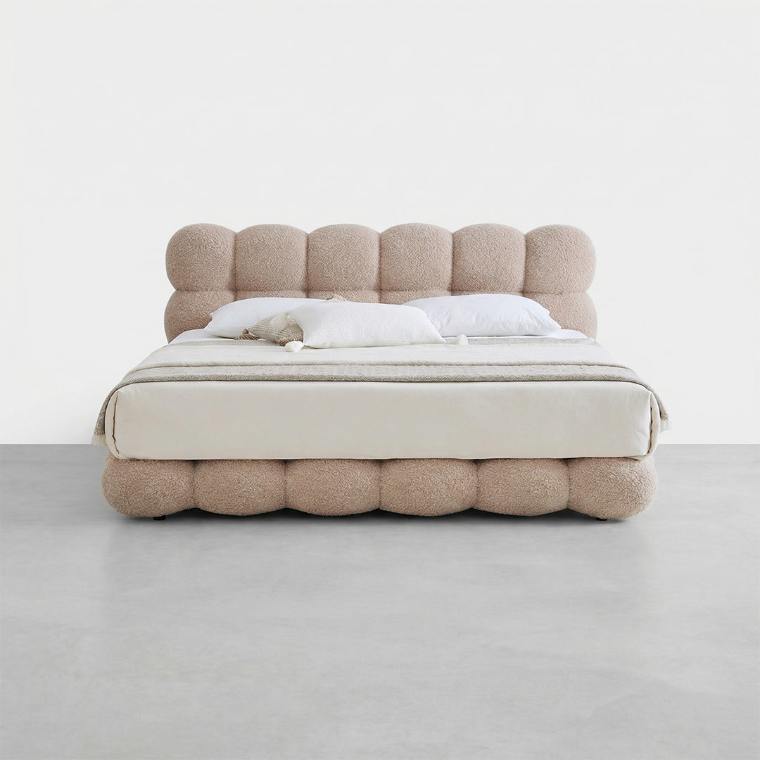 Upholstered Platform Bed Frame with 3D Stereo Cloud Velvet Fabric, Hand Tufted Design, 4-Layer Support System, Edge-to-Edge Space-Saving Modern Bed for Bedroom, Cream Style