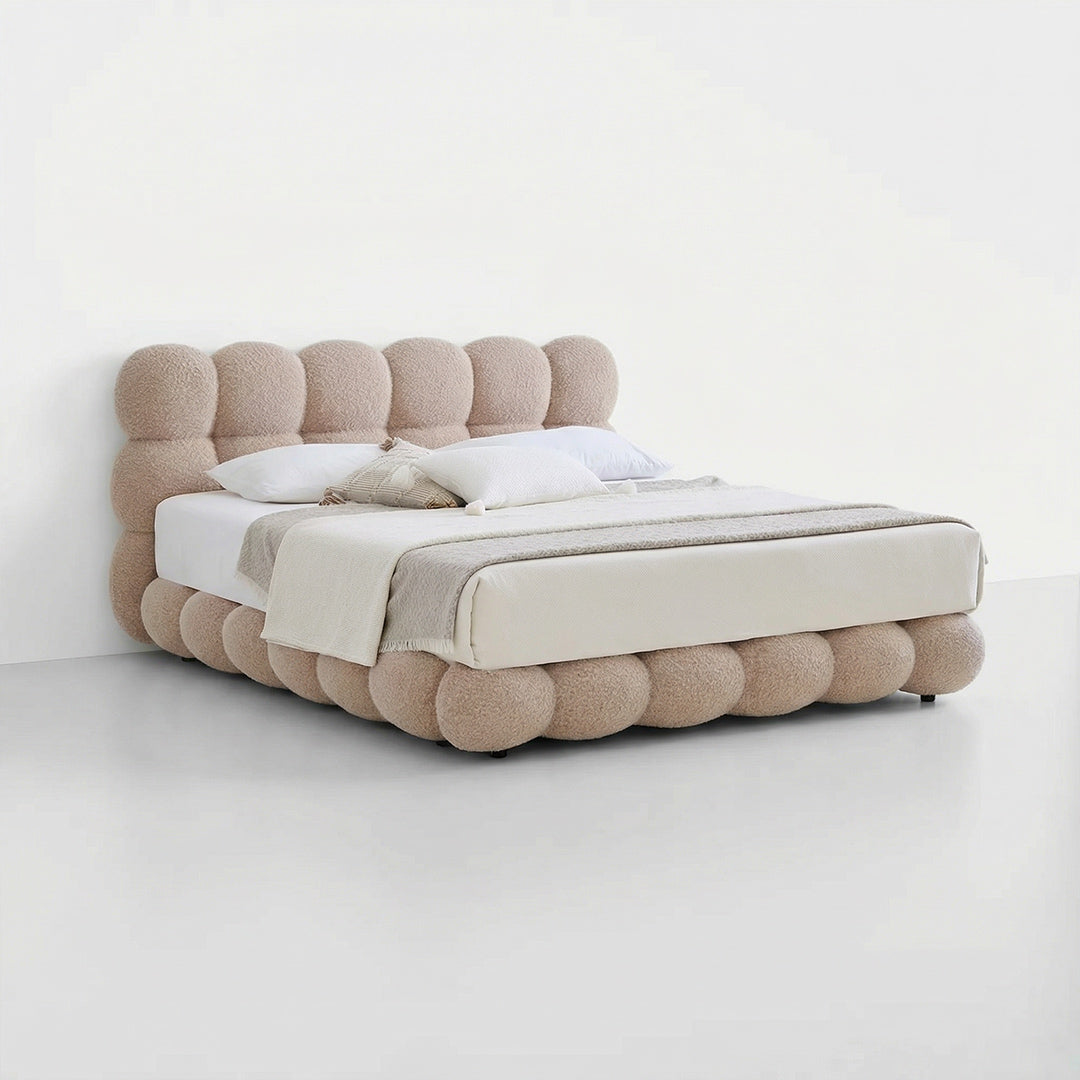 Upholstered Platform Bed Frame with 3D Stereo Cloud Velvet Fabric, Hand Tufted Design, 4-Layer Support System, Edge-to-Edge Space-Saving Modern Bed for Bedroom, Cream Style