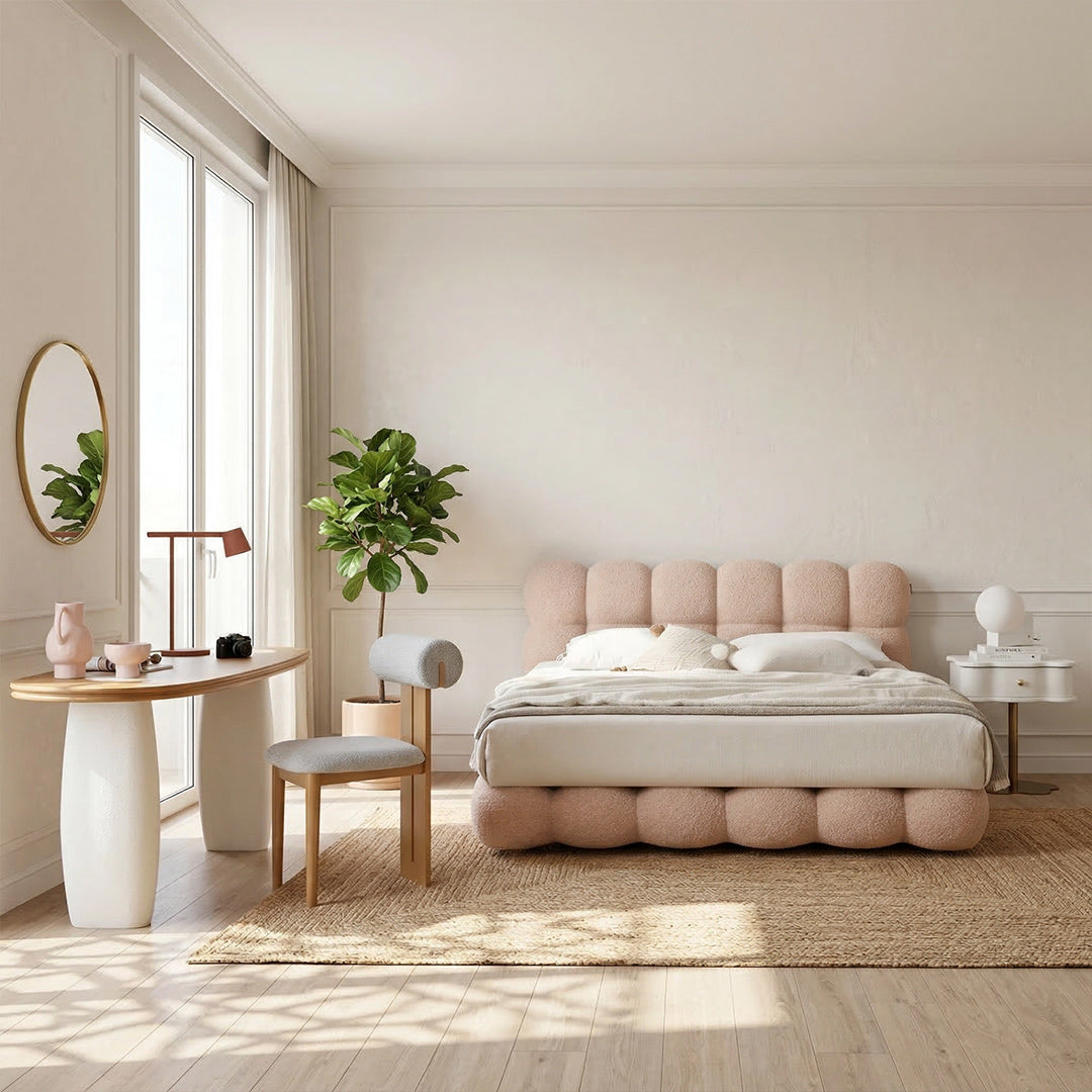 Upholstered Platform Bed Frame with 3D Stereo Cloud Velvet Fabric, Hand Tufted Design, 4-Layer Support System, Edge-to-Edge Space-Saving Modern Bed for Bedroom, Cream Style
