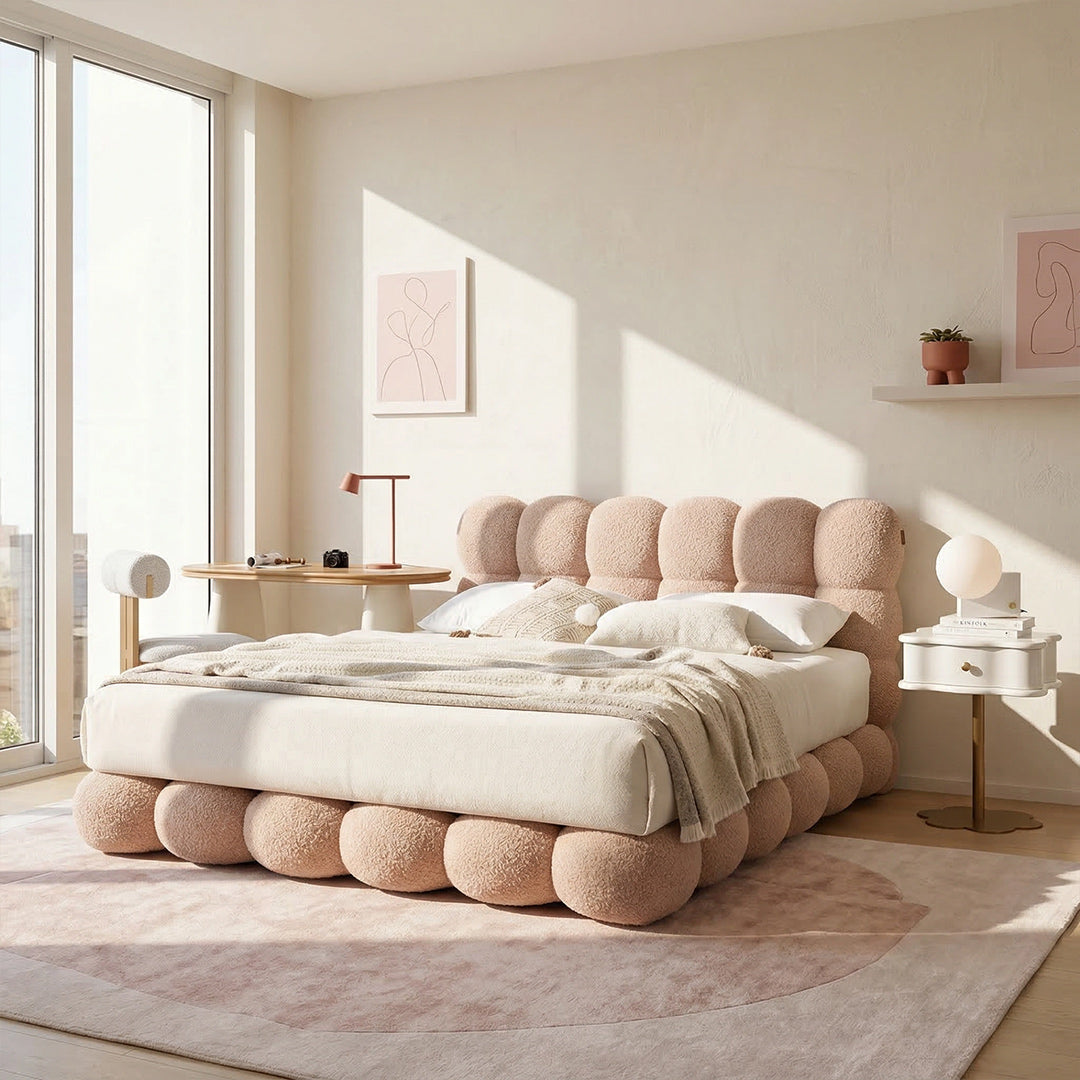 Upholstered Platform Bed Frame with 3D Stereo Cloud Velvet Fabric, Hand Tufted Design, 4-Layer Support System, Edge-to-Edge Space-Saving Modern Bed for Bedroom, Cream Style