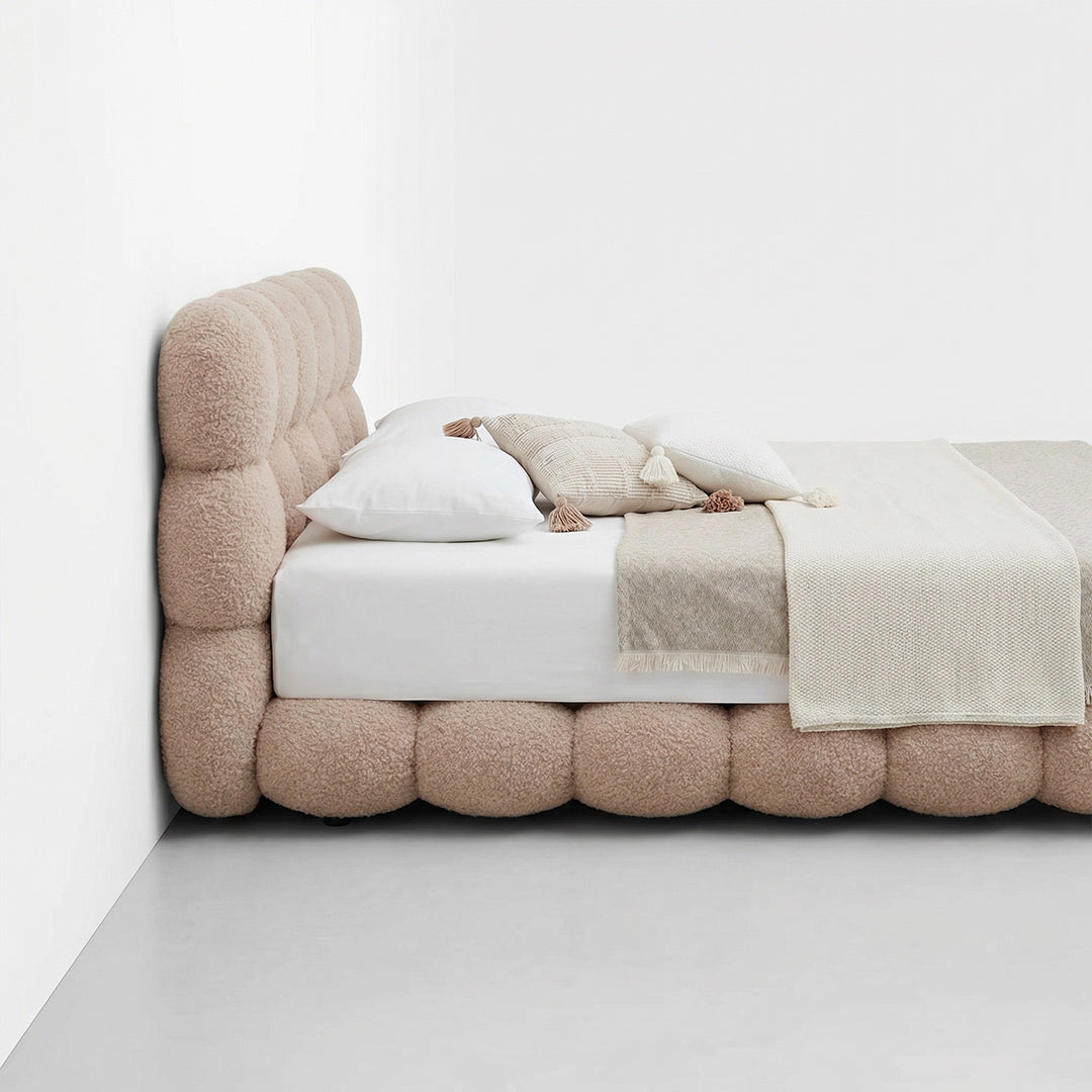 Upholstered Platform Bed Frame with 3D Stereo Cloud Velvet Fabric, Hand Tufted Design, 4-Layer Support System, Edge-to-Edge Space-Saving Modern Bed for Bedroom, Cream Style