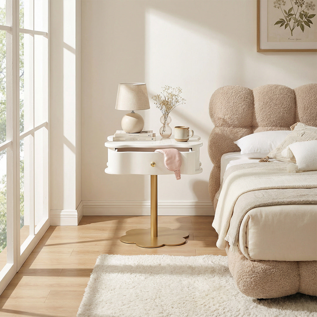 French Vintage Wave Nightstand, Cream White Bedside Table with Drawer for Bedroom