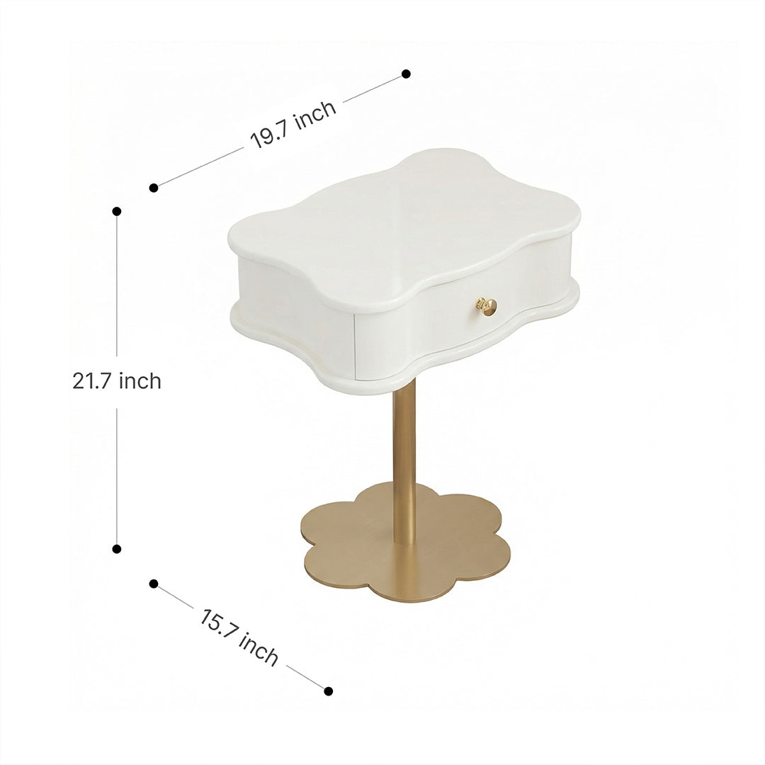 French Vintage Wave Nightstand, Cream White Bedside Table with Drawer for Bedroom