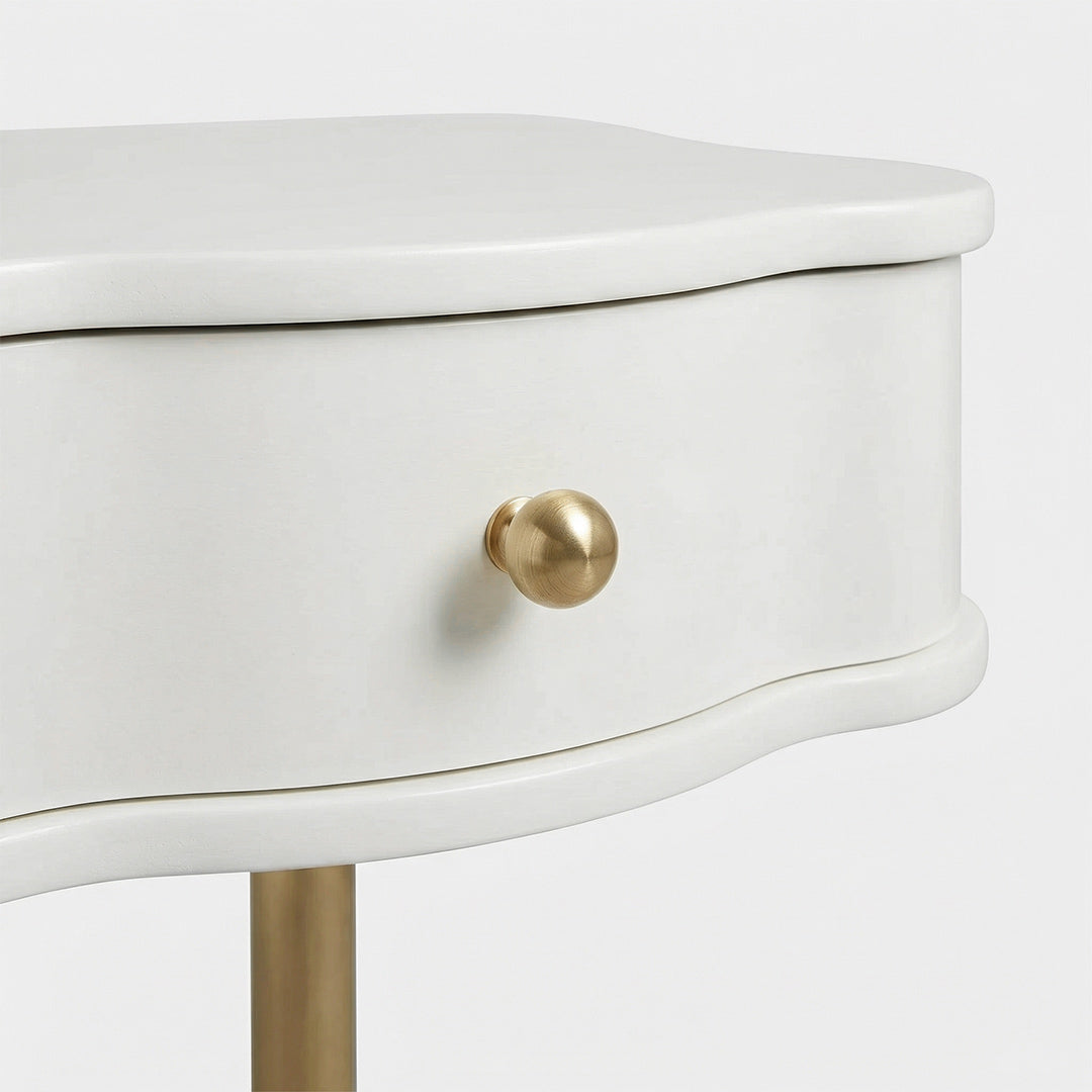 French Vintage Wave Nightstand, Cream White Bedside Table with Drawer for Bedroom
