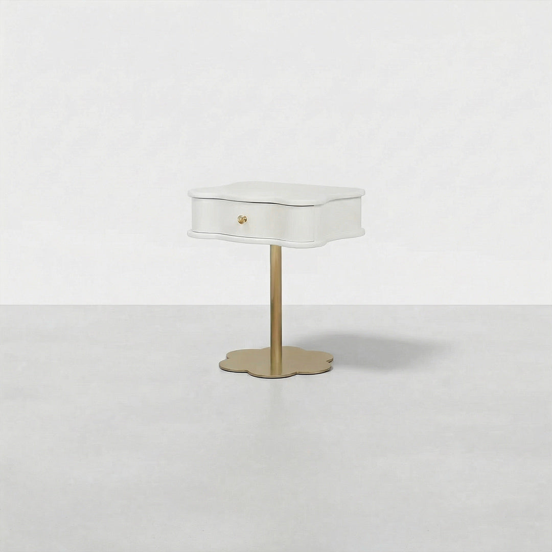 French Vintage Wave Nightstand, Cream White Bedside Table with Drawer for Bedroom