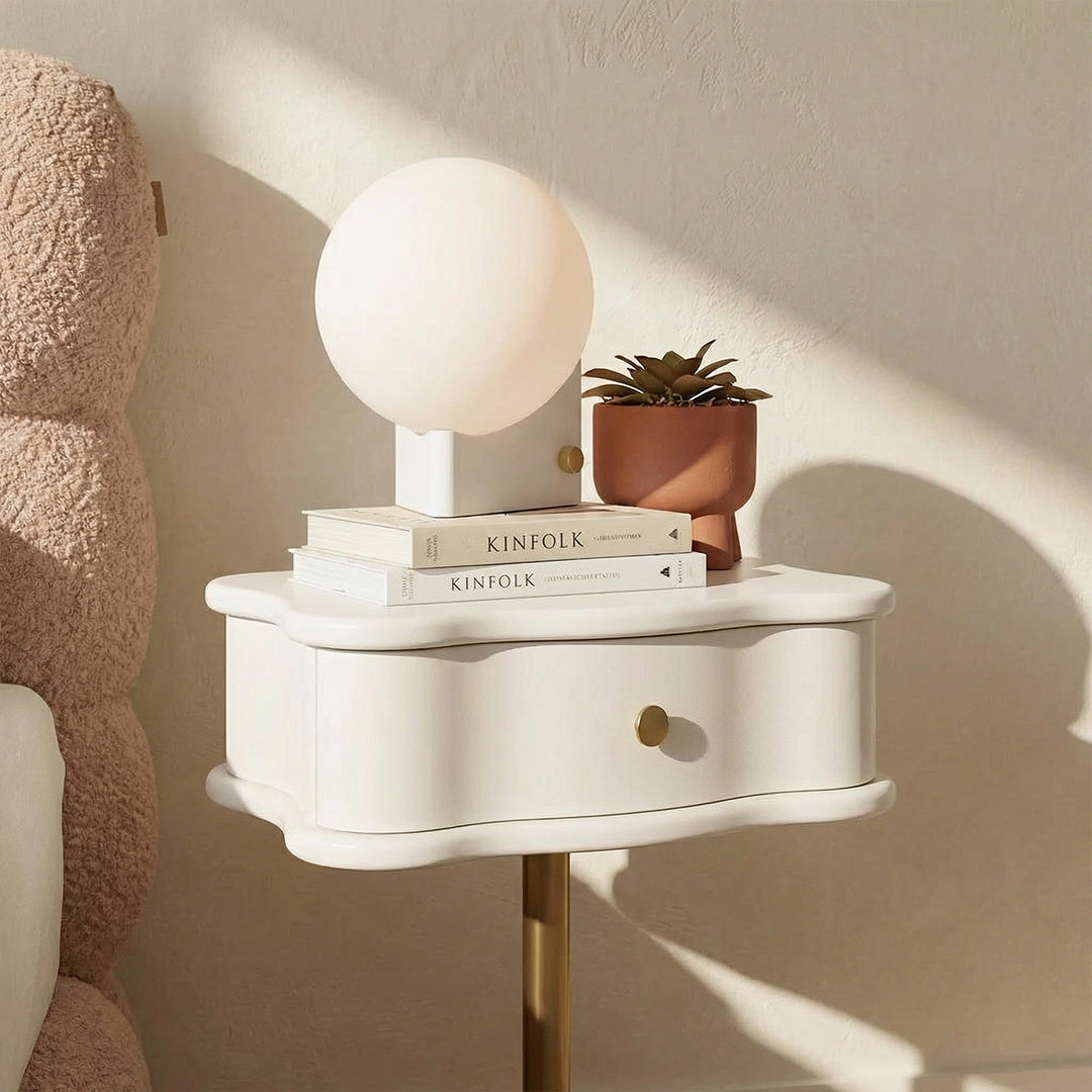 French Vintage Wave Nightstand, Cream White Bedside Table with Drawer for Bedroom